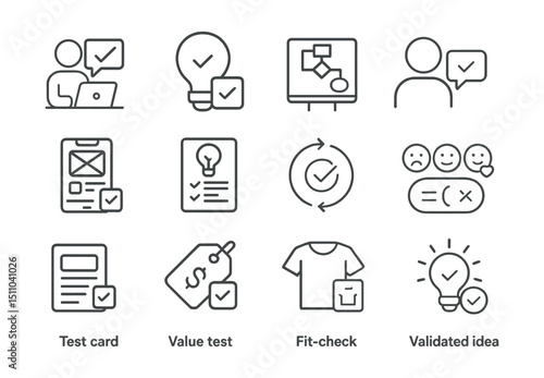 Line style icons of idea validation: user test icon, concept validation, test scenario, early feedback, prototype test, concept poll, feedback loop, reaction icons, test card, value test, idea