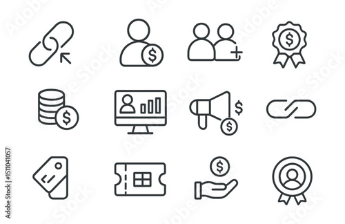 Line style icons of affiliate and referral: referral link, affiliate icon, invite friends, referral reward, earned commission, referral dashboard, share to earn, promo link, invite code, payout icon,