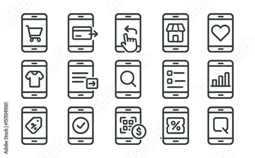 Line style icons of mobile shopping experience: mobile cart, mobile checkout, swipe to buy, app store, mobile wishlist, mobile product view, mobile navigation, tap to zoom, mobile filter, app search,