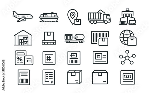 Line style icons of intermodal and freight logistics: cargo plane, container ship, freight truck, railway freight, distribution center, shipment tracking, logistic chain, intermodal icon, cross-dock