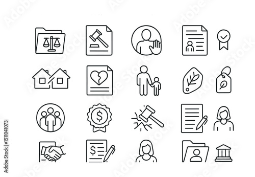 Line style icons of civil law and personal rights: civil case file, lawsuit icon, personal rights, legal claim, defamation badge, property dispute, divorce paper, custody icon, inheritance tag, class