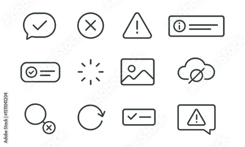 Line style icons of UI feedback states: success message, error icon, warning popup, info banner, toast message, loading spinner, empty state, offline icon, no results, retry button, form validation,