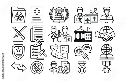 Line style icons of military and international law: war crimes file, Geneva convention, international court, UN law icon, military tribunal, rules of engagement, peace treaty, defense lawyer, foreign