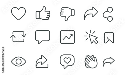 Line style icons of engagement and reactions: heart icon, like button, dislike icon, emoji react, share icon, repost icon, comment icon, bookmark icon, engagement rate, click through icon, view count