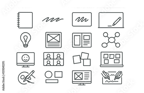 Line style icons of sketching and remote design thinking: sketchpad icon, pencil stroke, digital scribble, whiteboard app, idea sketch, wireframe draft, rough layout, concept map, visual sketch,
