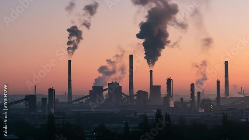 Industrial skyline with smoke stacks against colorful sunset sky  