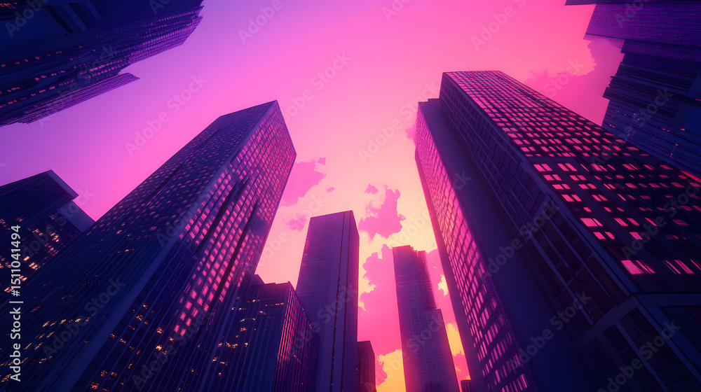 Pixel art cityscape at sunset, vibrant pink and purple sky, towering buildings, low angle view. Pixel art cityscape at sunset, vibrant pink and purple sky, towering buildings, low angle view.