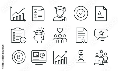 Line style icons of learning analytics and reports: performance graph, quiz results, student stats, completion rate, test score icon, activity log, learner insights, engagement rate, report download,