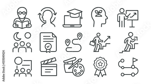 Line style icons of lifelong learning and development: adult education, reskill icon, online degree, career learning, growth mindset, professional course, upskill icon, evening class, certificate