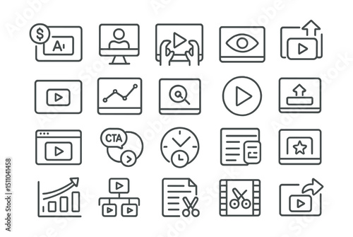 Line style icons of video marketing: video ad, explainer video, tutorial clip, video views, engagement meter, YouTube icon, video analytics, video SEO, play button, video upload, embedded video,