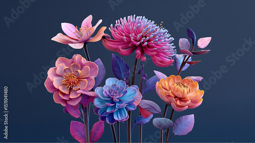 A collection of colorful artificial flowers with leaves on a dark blue background display artwork