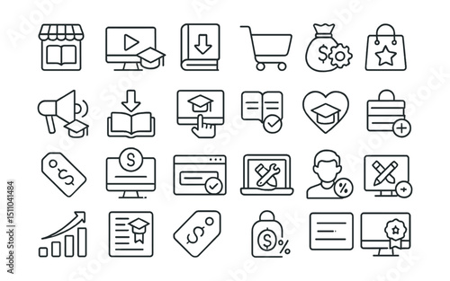 Line style icons of educational shopping and resources: e-book store, digital course icon, buy textbook, shopping cart, paid resource, education promo, download material, course subscription, item