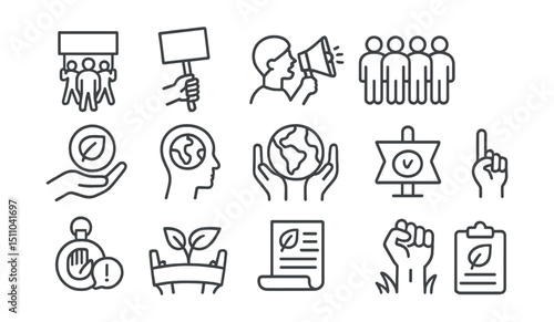 Line style icons of environmental activism: climate march, protest sign, activist megaphone, rally group, green movement, eco awareness, protect planet, call to action, activist badge, grassroots