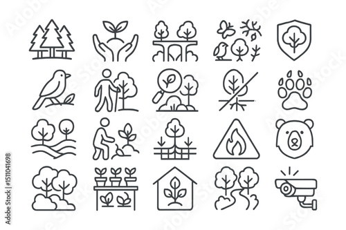 Line style icons of forest and biodiversity: forest icon, reforestation icon, wildlife corridor, biodiversity icon, protected tree, native species, conservation park, forest health, illegal logging,