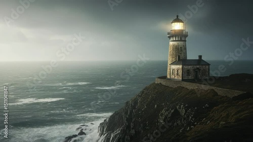 Lighthouse illuminating rocky coastline under dramatic cloudy sky  
