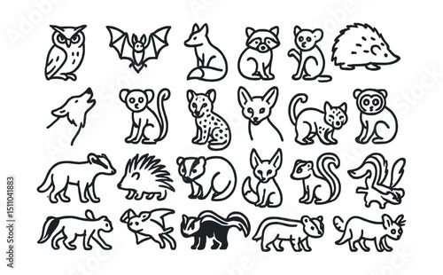 Line style icons of nocturnal wild animals: owl, bat, fox, raccoon, hedgehog, wolf, kinkajou, bush baby, ocelot, nightjar, slow loris, porcupine, badger, bobcat, night monkey, panther, flying