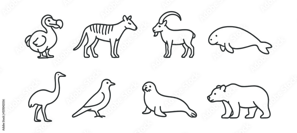 Fototapeta premium Line style icons of extinct or possibly extinct animals: dodo, thylacine, quagga, Pyrenean ibex, Steller’s sea cow, moa, passenger pigeon, Caribbean monk seal, Atlas bear, West African black rhino.