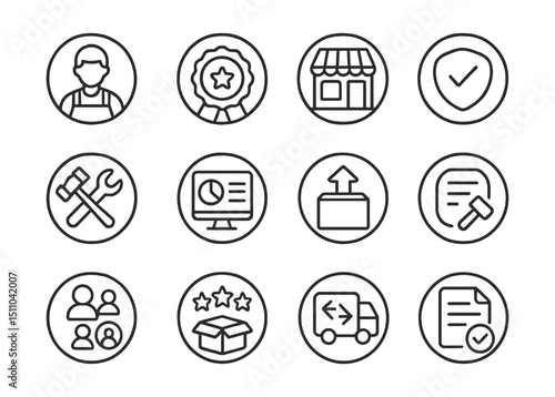 Line style icons of round marketplace and vendors: round vendor icon, round seller badge, round storefront, round seller tools, round seller dashboard, round product upload, round seller verification