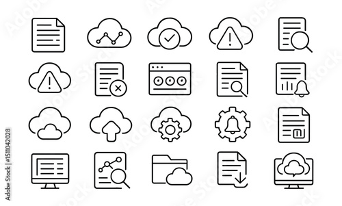 Line style icons of cloud monitoring and logs: system logs, performance graph, uptime monitor, incident alert, log search, cloud alert, error log, status dashboard, log viewer, metrics report,