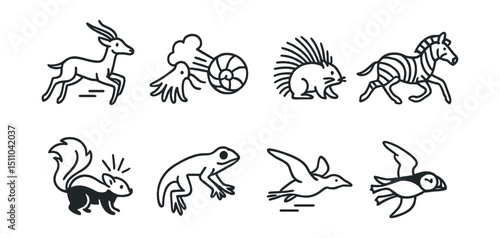 Line style icons of escape and defense behavior: gazelle running, squid ink cloud, armadillo rolled up, porcupine defensive pose, lizard tail drop, octopus camouflaging, zebra in motion, skunk