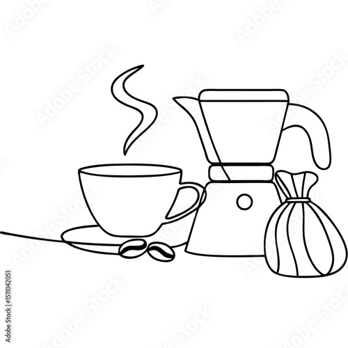 Line art coffee cup with brewing equipment and coffee beans  