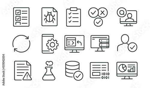 Line style icons of QA and testing: test case, bug report, test checklist, pass/fail icon, QA session, testing cycle, automated test, regression test, test environment, user acceptance test, error