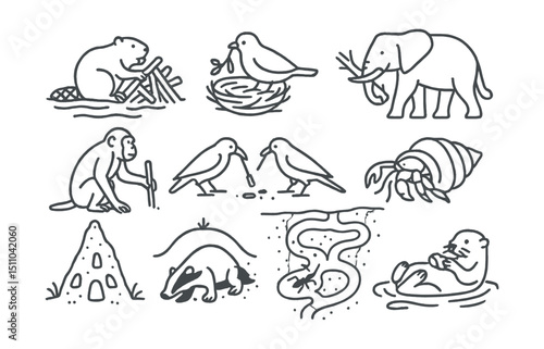 Line style icons of animals interacting with environment: beaver building dam, bird building nest, elephant breaking tree, chimp using stick, crows using tools, hermit crab changing shell, termite