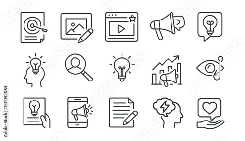 Line style icons of creativity in marketing: campaign concept, creative asset, branded content, storytelling ad, content idea, audience insight, viral idea, engagement boost, visual hook, idea pitch,