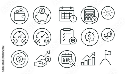 Line style icons of round financial behavior: round overspending icon, round saving habit, round late payment, round budgeting icon, round good credit, round poor credit, round financial routine,