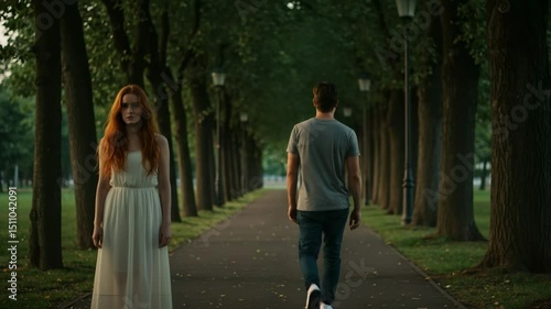 Young couple walking away from each other in park at sunset  