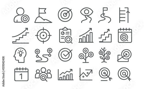 Line style icons of leadership and management: visionary leader, strategic alignment, performance review, leader speech, manager approval, leadership style, decision making, conflict resolution,