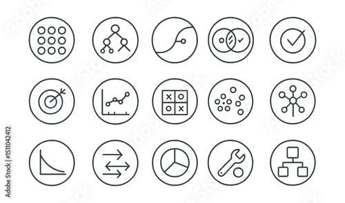 Line style icons of round machine learning models: round training set, round decision tree, round regression curve, round classifier icon, round prediction badge, round model accuracy, round