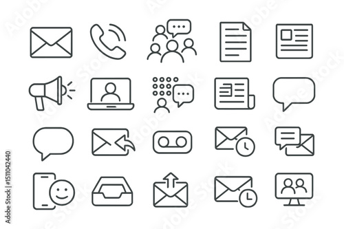Line style icons of communication at work: email icon, phone call, group chat, internal memo, announcement speaker, video call, Slack message, company newsletter, speech bubble, direct message,
