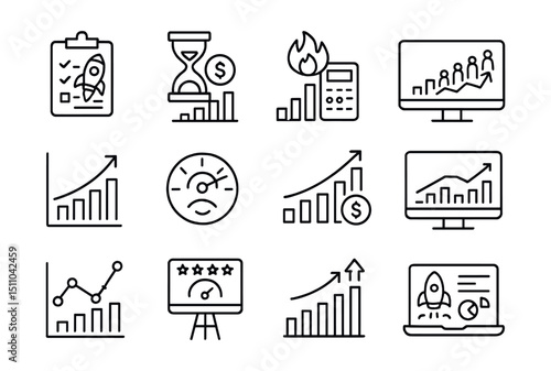 Line style icons of startup metrics and dashboards: startup KPIs, runway tracker, burn rate, user activation, growth rate, NPS score, MRR icon, churn tracker, active user chart, feedback score,