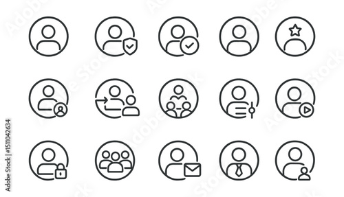 Line style icons of round team and role management: round user role, round admin badge, round moderator icon, round team leader, round user group, round assign user, round team circle, round