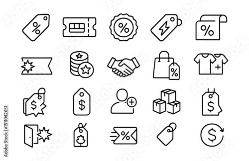 Line style icons of discount and promotions: discount tag, coupon code, sale badge, flash sale, limited offer, promo banner, loyalty points, deal icon, buy 1 get 1, special price, referral bonus,