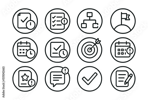 Line style icons of round task and workflow alerts: round task due, round checklist alert, round project update, round milestone reached, round deadline icon, round overdue task, round goal reminder,