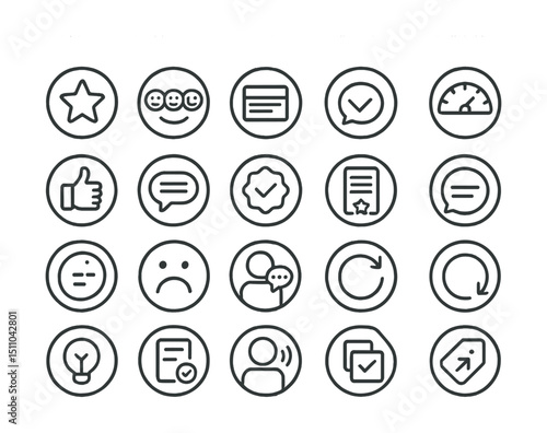 Line style icons of round feedback and improvement: round star feedback, round smile scale, round form input, round rating bubble, round NPS icon, round thumbs icon, round message field, round survey