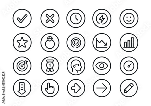 Line style icons of round UX metrics: round success rate, round error count, round time on task, round abandonment rate, round net satisfaction, round usability score, round engagement ring, round