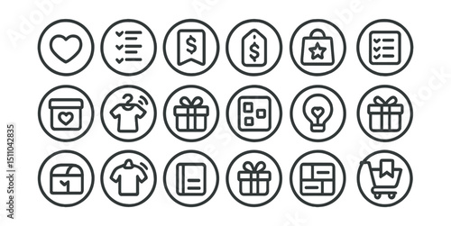 Line style icons of round wishlist and saving: round heart icon, round wishlist list, round save for later, round price drop alert, round favorite product, round collection icon, round shopping list,