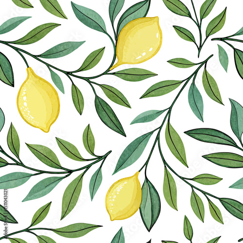 Lemons and green leaves pattern in bright, cheerful design  