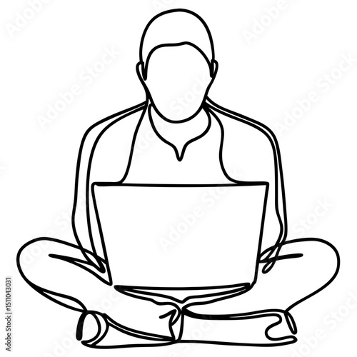 Outline of person sitting cross-legged using laptop at home  