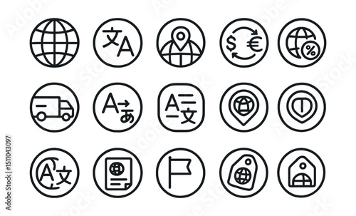 Line style icons of round multi-language and global shopping: round globe icon, round language selector, round region icon, round currency switch, round international shipping, round translate icon,