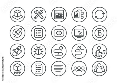 Line style icons of round product development: round prototype icon, round product build, round wireframe sketch, round UI/UX flow, round sprint cycle, round feature release, round product backlog,