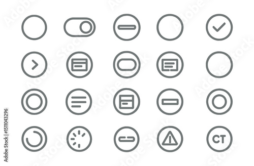 Line style icons of round basic interface elements: round button icon, round toggle switch, round input field, round radio button, round checkbox icon, round dropdown icon, round modal icon, round