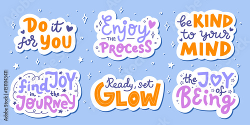 Collection of stickers with hand lettering phrases. Vector illustration with inspirational clip art quotes. Designs with inspirational themes for stationery, card, or social media.