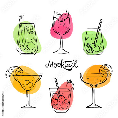 Set of different mocktails in sketch style with watercolor spots on background. Vector line illustrations of party drinks with fruits, straw and ice for logo, menu, advert, or print.