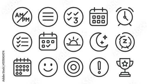 Line style icons of round daily planning: round AM/PM block, round daily log, round top 3 tasks, round calendar view, round today’s schedule, round daily agenda, round start-of-day icon, round end-of