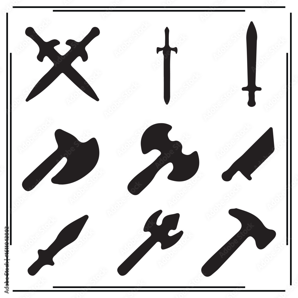 Medieval Weapon Silhouettes – Vector Set of Swords, Axes, Daggers, Hammers, and Knives for Fantasy, Gaming, Combat Icons, or Historical Illustrations,
Medieval Weapon Silhouettes – Vector Set of Swords, Axes, Daggers, Hammers, and Knives for Fantasy, Gaming, Combat Icons, or Historical Illustrations,