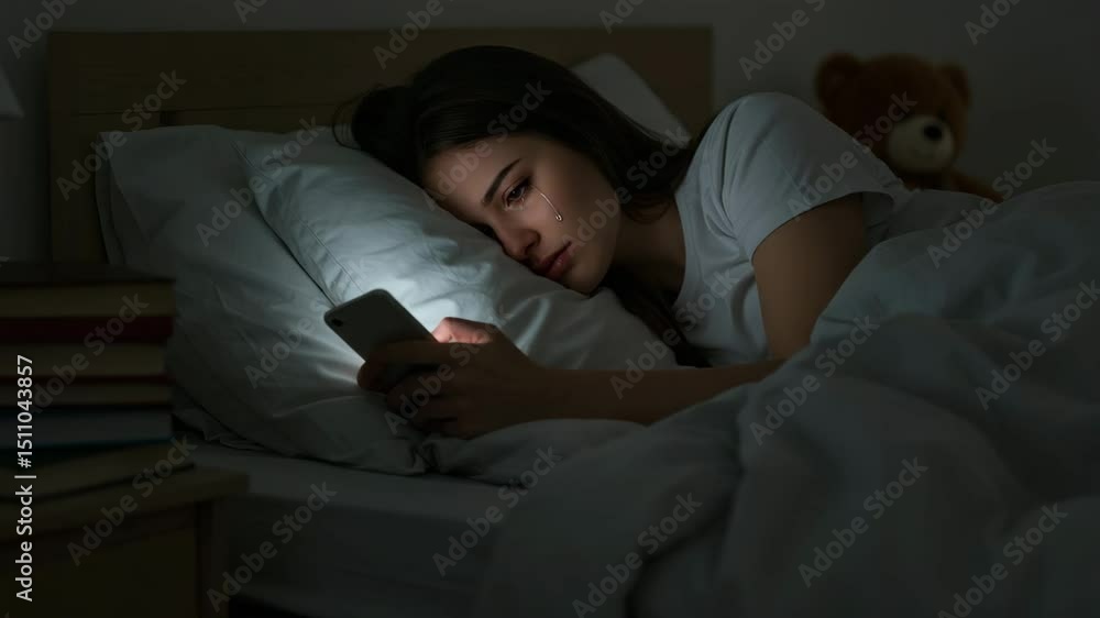 Young woman lying in bed using smartphone with soft light at night Young woman lying in bed using smartphone with soft light at night